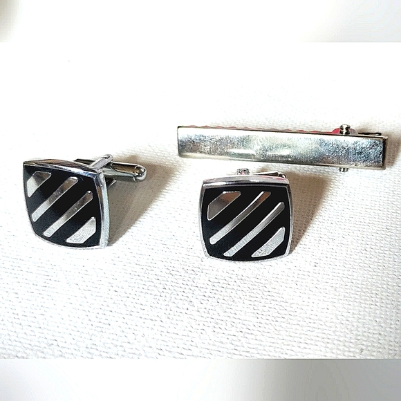 NEW 3pc. Cufflinks: "Striped" Stainless Steel/Enamel & Tie Bar. Bullet Back - Picture 1 of 8